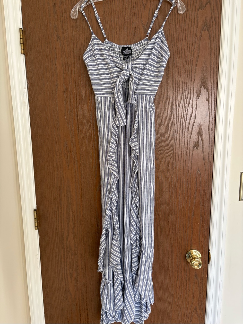 Angie Blue and White Striped Tie-Front Maxi Dress